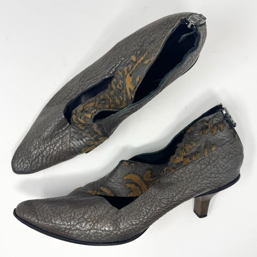 CYDWOQ Grey Metallic Cut Out Kitten Heels Leather Hair Made in USA EU 40 US 10